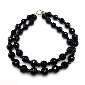 Vintage Black Glass Beaded Necklace – Two Strand, 1970s, 16 Inches